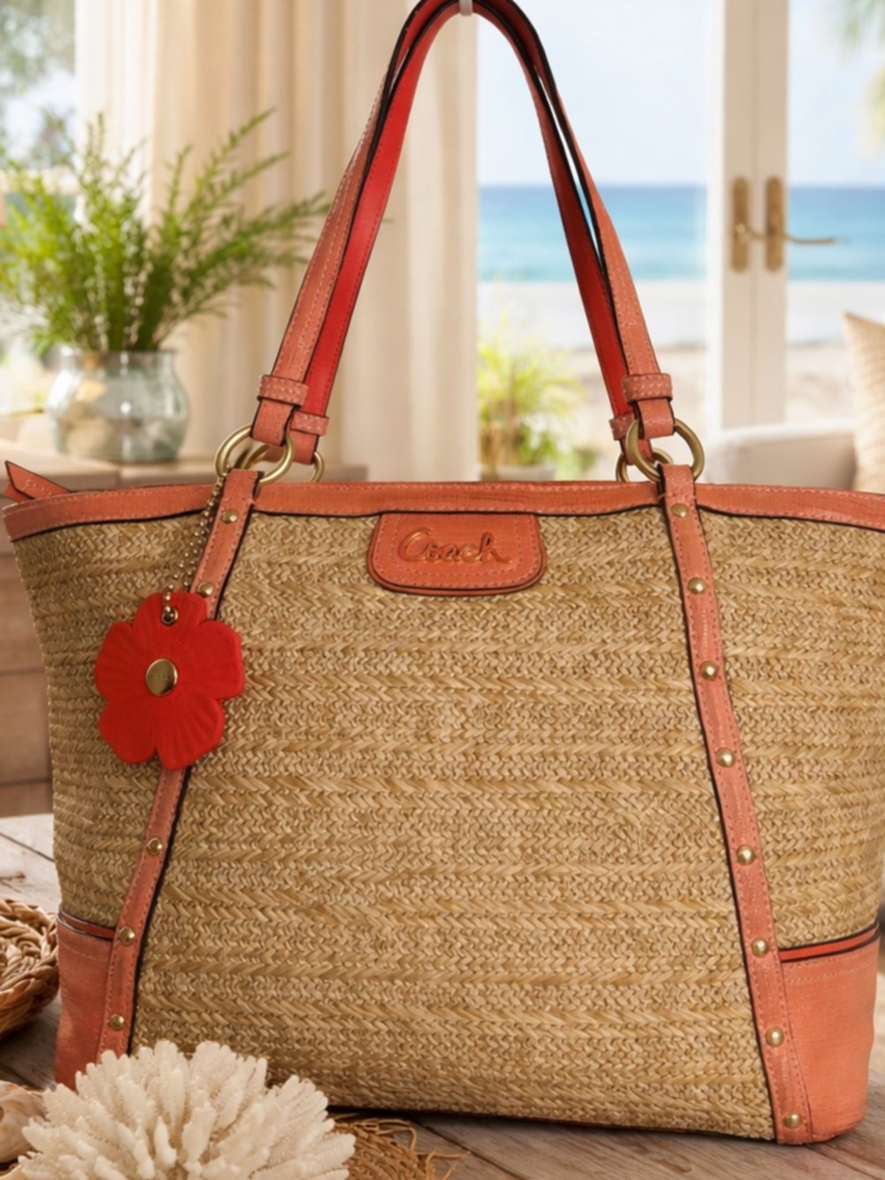 Coach Alexandra 2013 Studded Patent Straw Tote with Leather &Coach Charm ..